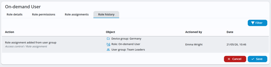 Role history tab showing the actions taken on a role assignment.
